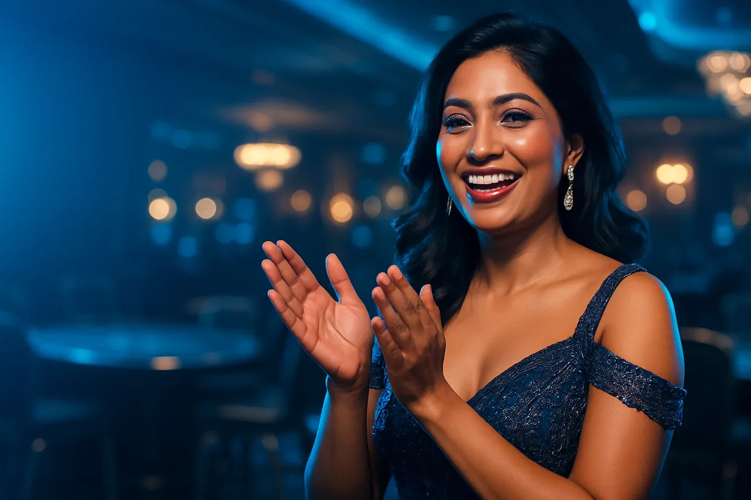 Glamorous Bangladeshi woman clapping joyfully in VIP casino with bokeh lights