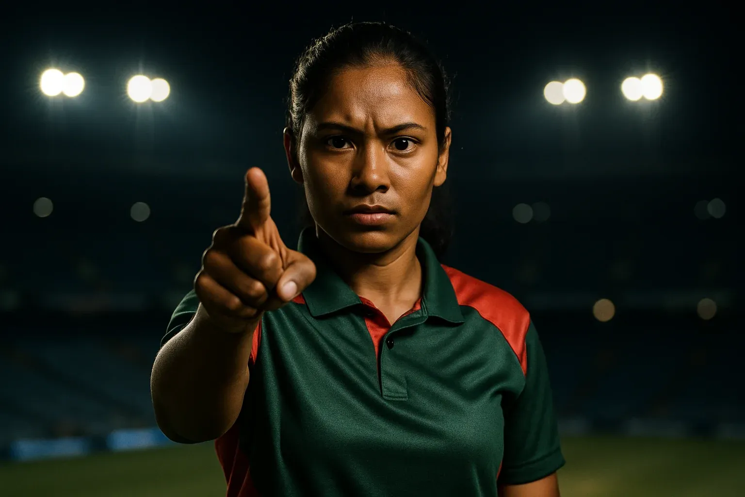 Confident Bangladeshi woman in team colors pointing forward in stadium