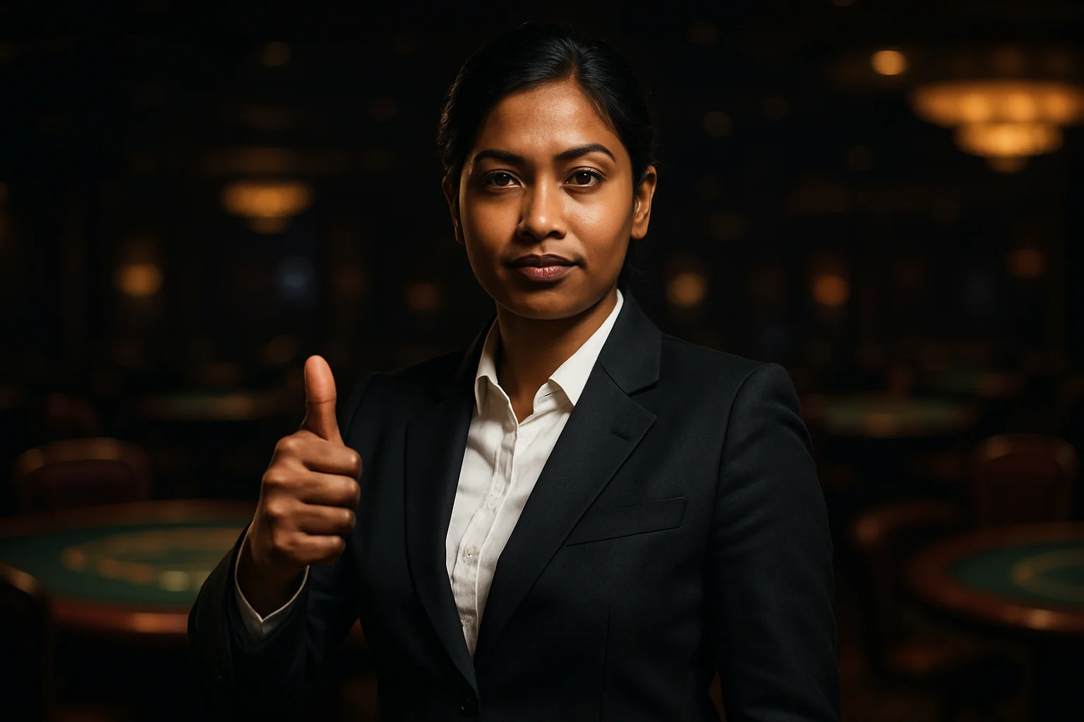 Confident Bangladeshi businesswoman giving thumbs up in blurred casino background