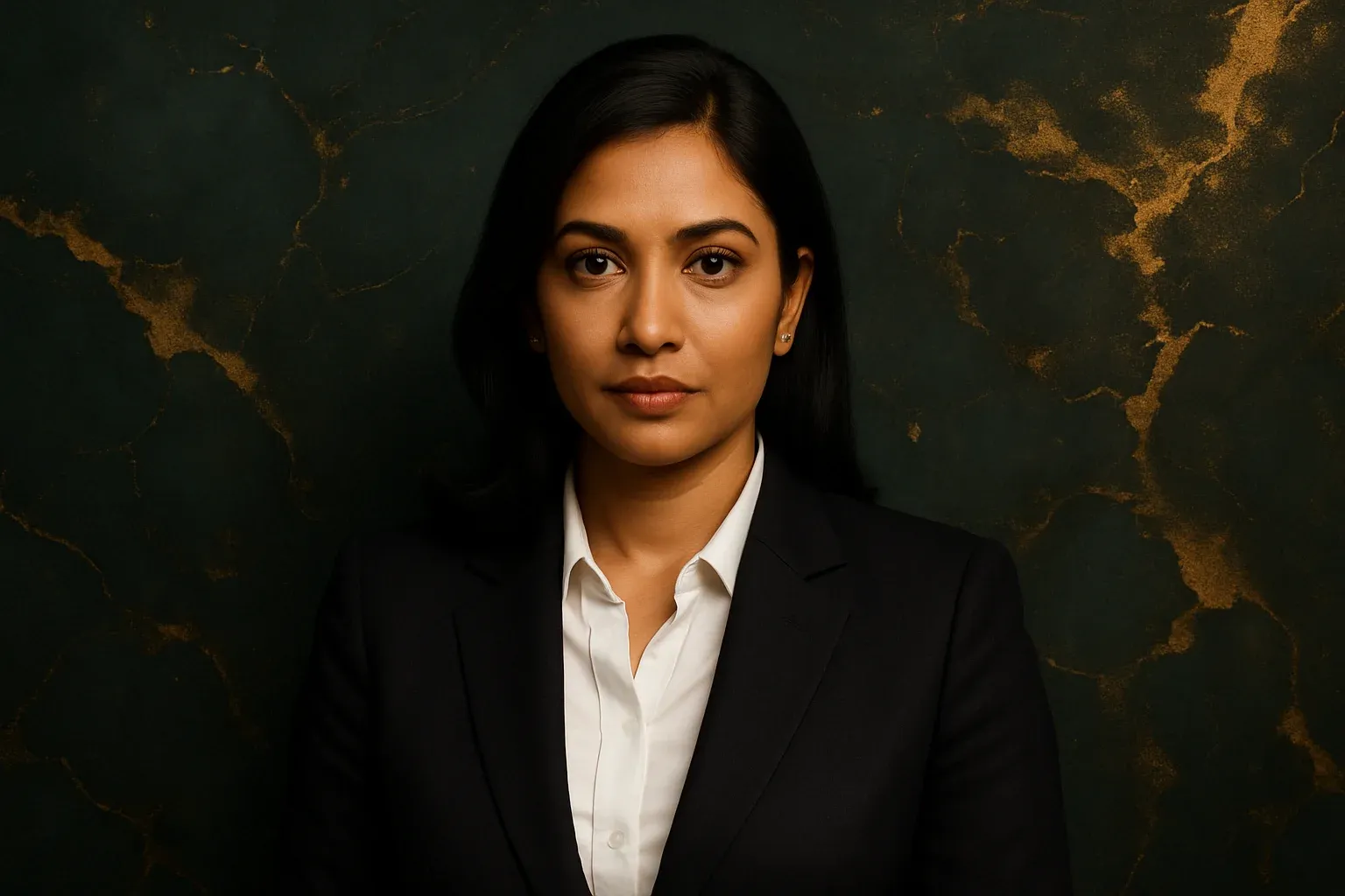 High-resolution portrait of elegant Bangladeshi businesswoman on green and gold background