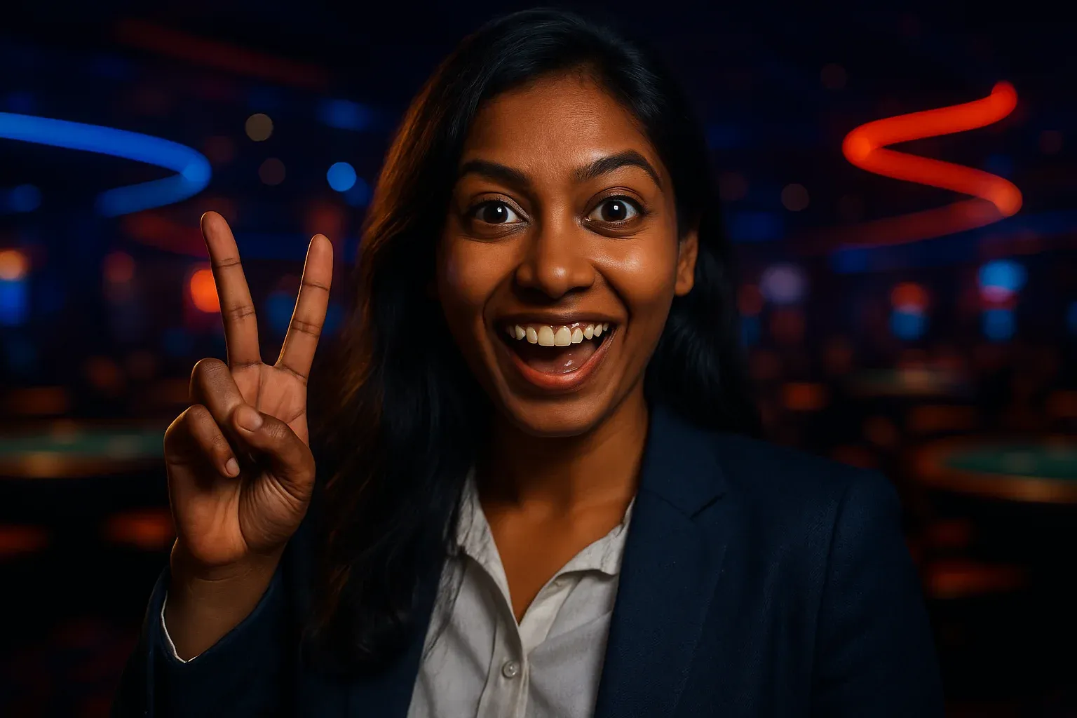 Excited Bangladeshi woman making V-sign, blurred casino poker floor background