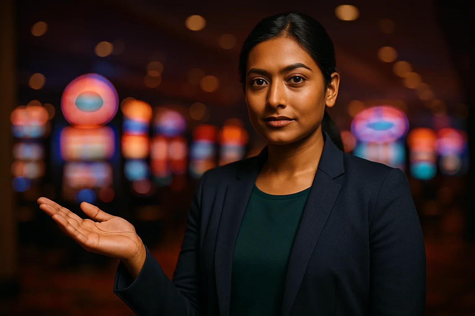 Confident Bangladeshi woman gesturing with open palm on blurred casino floor