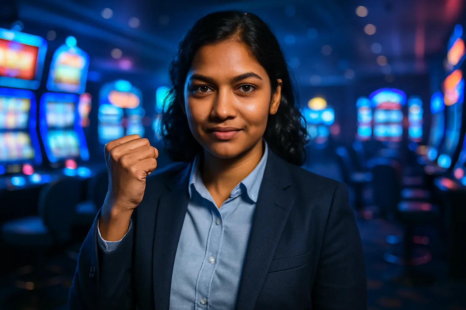 Confident Bangladeshi woman raising fist in triumph on blurred casino floor